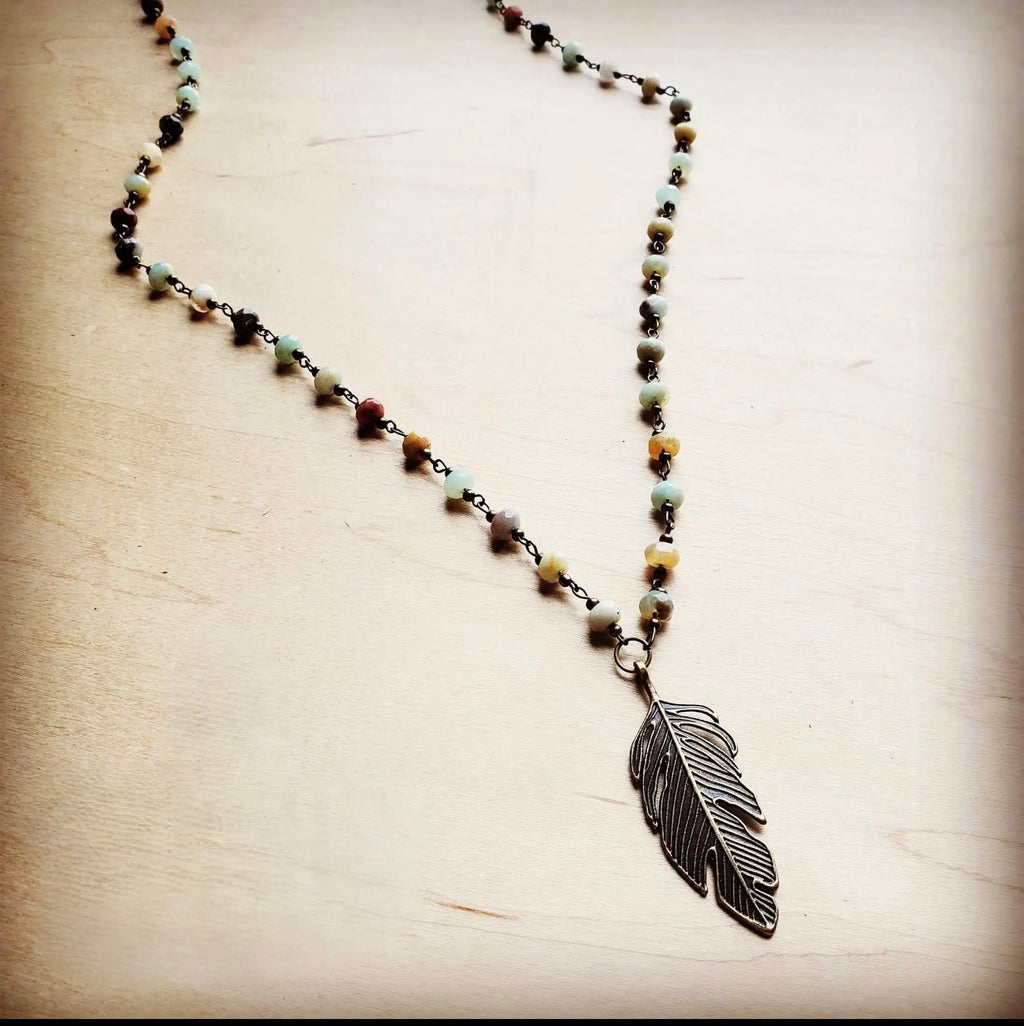 Amazonite Beaded Necklace with Antique Gold Feather