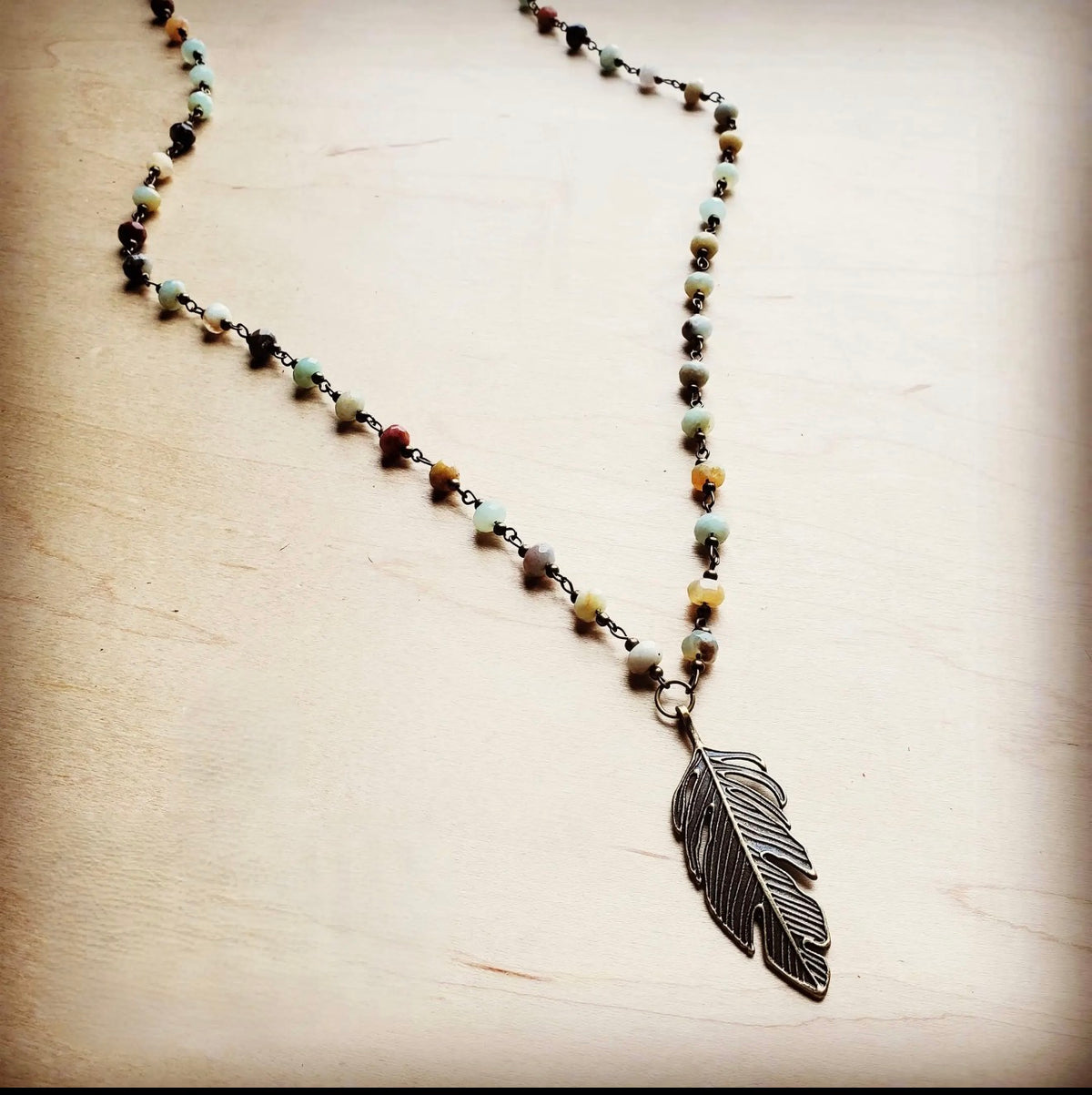 Amazonite Beaded Necklace with Antique Gold Feather