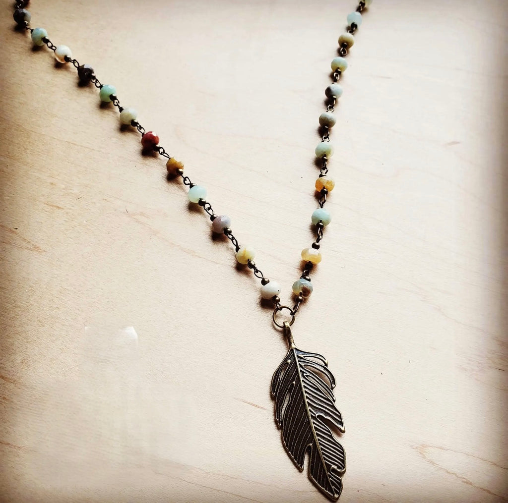 Amazonite Beaded Necklace with Antique Gold Feather